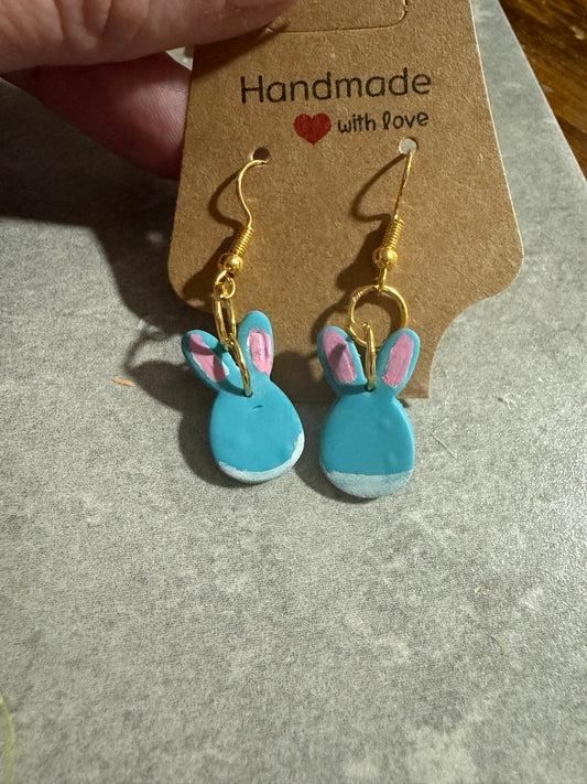 Handmade Blue Bunny Earrings – Polymer Clay Spring & Easter Dangle Earrings