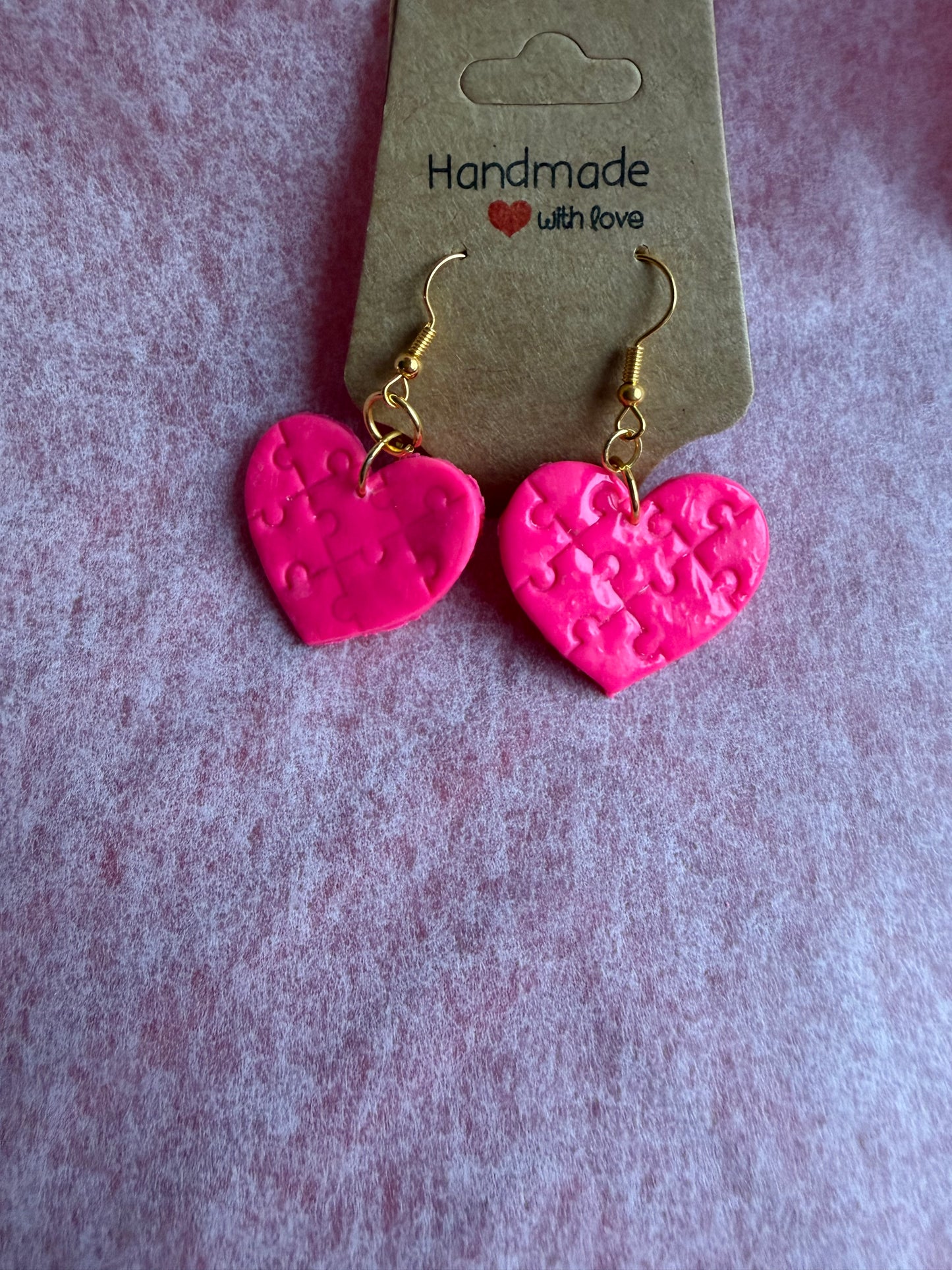 Pink Puzzle Heart Dangle Earrings