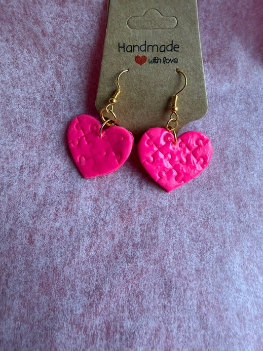 Pink Puzzle Heart Dangle Earrings